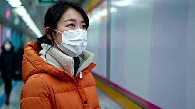 Protective Mask and Serene Gaze: A woman in a protective face mask navigating a subway tunnel, symbolizing health, caution, and public transit awareness.