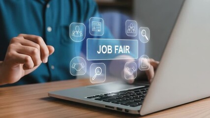 A person interacting with a laptop displaying a job fair interface and related icons above it