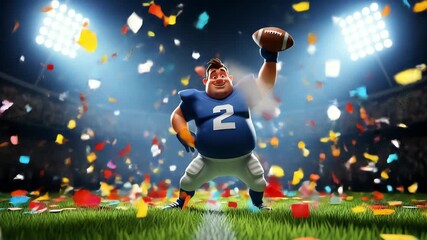 A cartoon football player celebrates a victory on a stadium field, holding the ball high amidst confetti. - Powered by Adobe