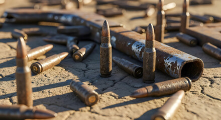 Gritty Close-Up: Rusty Rifle Ammunition and Weathered Firearm on Rough Ground, Symbolizing Conflict and Abandonment