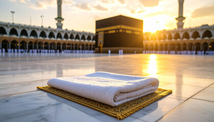 Golden hour outdoor shot of a prayer mat and ihram cloth placed on marble floor Ai Image