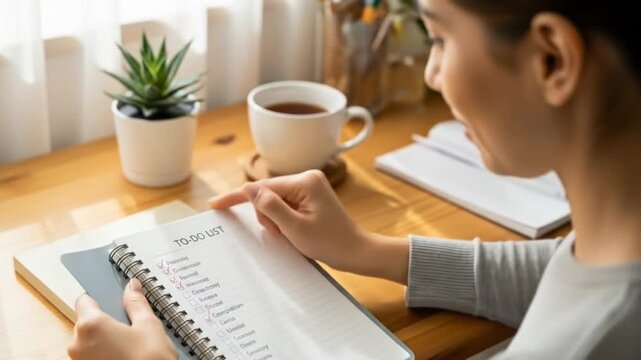 Smiling woman checking off tasks on a to-do list notebook while drinking coffee at home