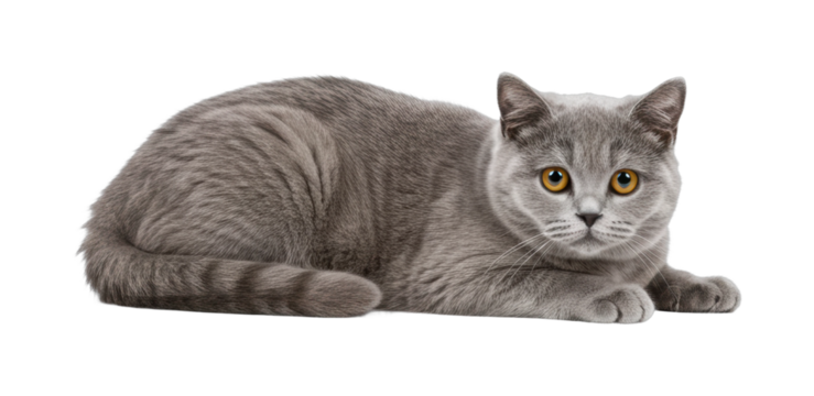 Playful grey cat lying on animal studio setting feline concept isolated on transparent background