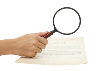 Analyzing document details with a magnifying glass office workspace investigation isolated on transparent background