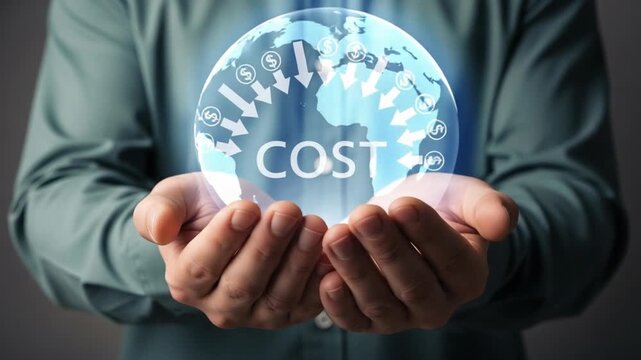 A man holding a transparent globe with the word cost and dollar signs with arrows pointing down