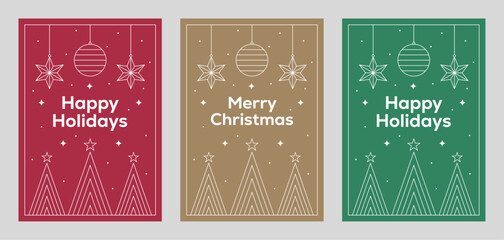 Christmas Card Design Template with Festive Line Art. Happy Holidays and Merry Christmas Greeting Card Vector Designs with Christmas Tree and Bauble Decorations. © Vector Archive