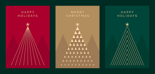 Elegant Christmas Card Design Template Set. Luxury Christmas Greeting Card Vector Designs with Geometric Christmas Tree Illustrations. Modern Design for Merry Christmas or Happy Holidays Greeting Card
