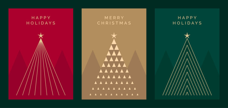 Elegant Christmas Card Design Template Set. Luxury Christmas Greeting Card Vector Designs with Geometric Christmas Tree Illustrations. Modern Design for Merry Christmas or Happy Holidays Greeting Card