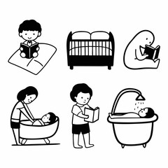 Cute cartoon kids reading and bathing icons set isolated on white background, including baby, child, and mother characters in various activities
