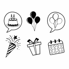 Birthday party icons isolated on white background featuring cake, balloons, presents, and calendar for celebrations and special events