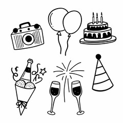 A set of birthday party elements, including camera, balloons, cake, champagne, fireworks, and a hat, isolated on white background