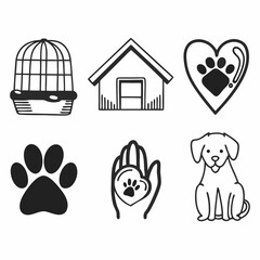Collection of handdrawn pet icons featuring a dog, cat, bird, rabbit, fish, and other elements isolated on white background