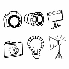 A set of hand drawn photography equipment icons isolated on white background, perfect for illustrating photography concepts and creative projects