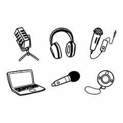 Illustration of podcasting equipment isolated on white background, including microphones, headphones, laptop, and webcam for recording audio