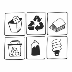 Recycling icons isolated on white background depicting various recyclable materials and symbols for environmental awareness and sustainability efforts