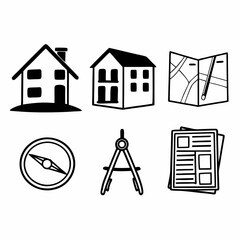Real estate icons isolated on white background depicting houses, maps, compass, dividers, and newspapers for finding the perfect home