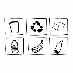Hand drawn recycling symbols of waste materials such as paper, plastic, glass, food and others isolated on white background