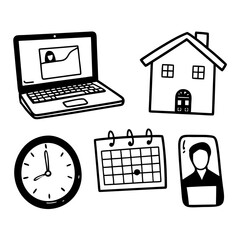 Work from home concept isolated on white background featuring a laptop, house, clock, calendar, and smartphone in a simple line drawing style