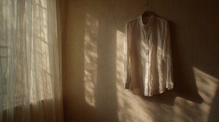 Soft Morning Light Illuminates a White Shirt Hanging Against a Textured Wall in a Cozy Interior Setting