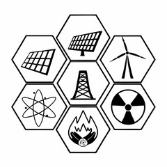 Various energy sources in hexagon shapes isolated on white background, including solar, wind, nuclear, and flame, representing power generation and sustainability