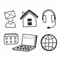 Hand drawn icons representing business, communication, technology and support, ideal for websites and applications isolated on white background
