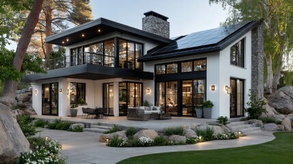 Obraz premium A modern white house with solar panels, basking in bright daylight, symbolizing sustainable energy and innovation.