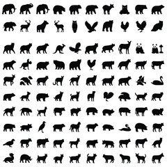 A collection of 60 black silhouette icons featuring a variety of animals, including elephants, bears, deer, birds, and dogs. Ideal for wildlife designs, logos, educational materials, or nature-themed 