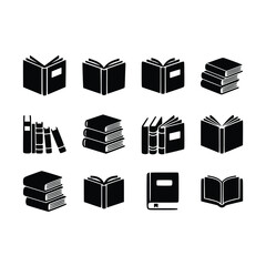 A set of 12 black silhouette icons featuring various book designs, including stacks, open books, and bookshelves. Ideal for educational, library, or literary-themed projects, perfect for websites, log