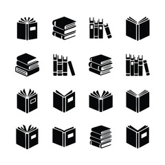 A set of 16 black silhouette icons featuring various book designs, including stacks, open books, and bookshelves. Ideal for educational, library, or literary-themed projects, perfect for websites, log