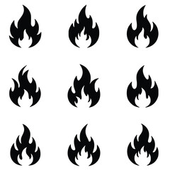 A collection of 9 bold black silhouette icons featuring various flame and fire designs, including heart-shaped flames and a torch.
