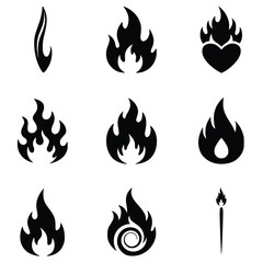 A collection of 9 bold black silhouette icons featuring various flame and fire designs, including heart-shaped flames and a torch.

