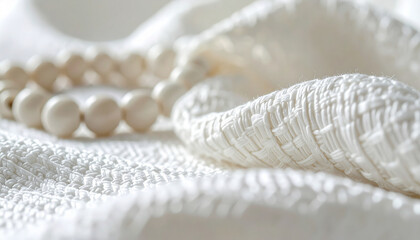 Macro Closeup of textured white ihram fabric with visible weave pattern and prayer beads beside it, soft background Ai Image © Prayoga