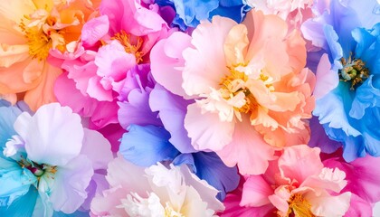 A vibrant and colorful array of assorted blooming flowers creates a cheerful and bright floral background with soft pastel hues in a full frame composition.