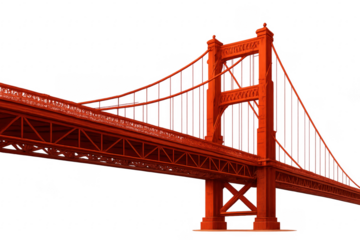 Red suspension bridge spanning transparent background, engineering marvel