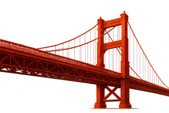 Red suspension bridge spanning transparent background, engineering marvel