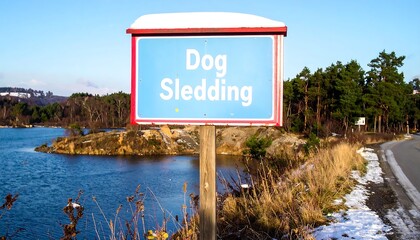 Dog sledding sign by a lake with snow and trees.