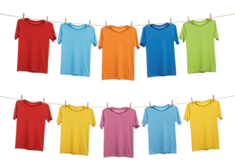 Colorful t-shirts hanging outdoors fashion display casual environment bright day vibrant concept isolated on transparent background
