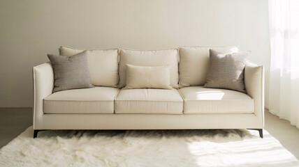 Modern white sofa with checkered cushions on furry rug in bright room