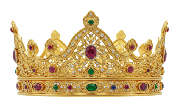 Elegant golden crown with jewels royal setting jewelry showcase luxurious environment symbol of nobility isolated on transparent background