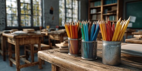 Brightly colored pencils and markers in metal cups on a wooden desk in an empty classroom. The scene feels nostalgic and ready for creativity and learning.