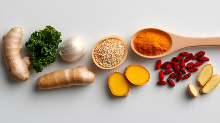 Variety of healthy plant based food ingredients are displayed including ginger kale garlic quinoa turmeric goji berries and sliced turmeric root arranged on white surface