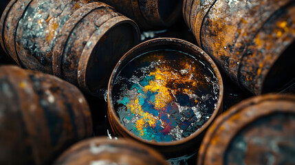 Rusty barrels filled with polluted water display rainbow sheen, indicating chemical contamination in abandoned industrial area. scene evokes sense of environmental neglect