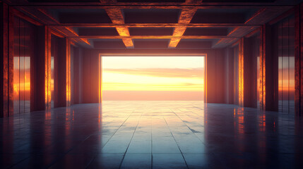 Modern architectural space with reflective floor and large open window showcases stunning sunset view, creating warm and inviting atmosphere. geometric ceiling adds contemporary touch