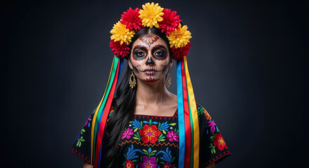 Fototapeta premium Beautiful portrait of young Mexican woman standing and looking at camera with Catrina makeup and floral headdress on dark studio background for Día de los Muertos