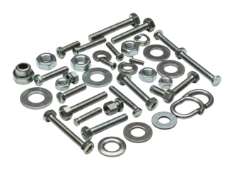 Industrial fasteners display workshop product metal environment overhead hardware essentials isolated on transparent background