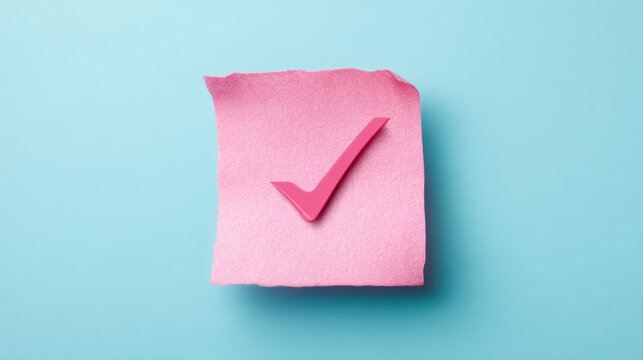 A pink sticky note with a checkmark on a light blue background, symbolizing tasks completed or positive affirmation.