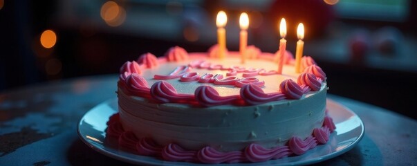 Stunning sapphire-hued cake, lit candles, joyful message , dessert, birthday