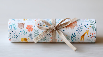 A decorative roll of gift wrap adorned with colorful animal illustrations and floral patterns, tied with a simple ribbon.