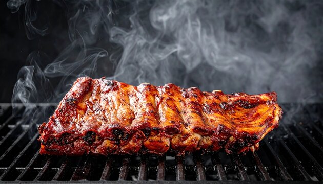 Juicy BBQ Pork Ribs Smoking on a Hot Grill, a Delicious Summer Feast