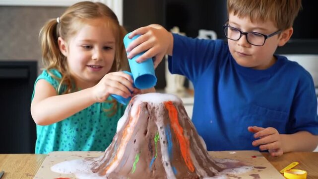 Two kids doing a volcano science experiment together at home on the table